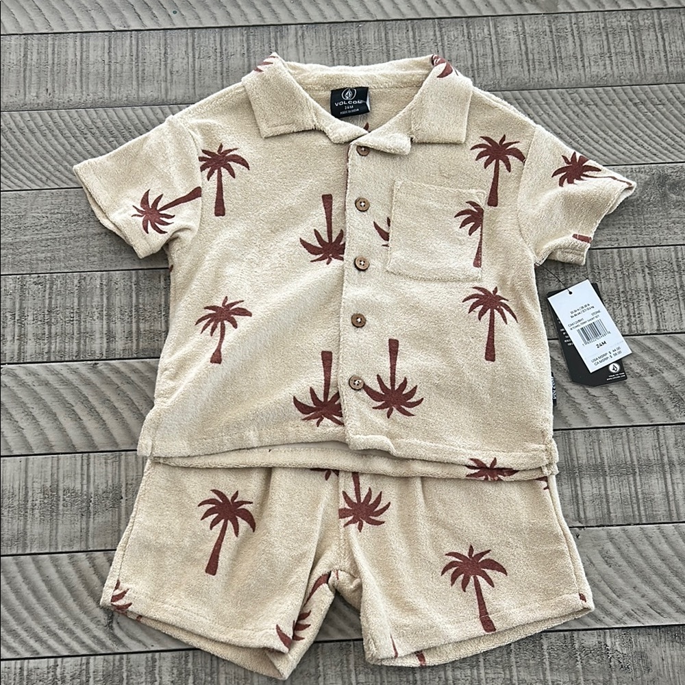 Kids Palm Tree Print Pajamas - Cream and Brown